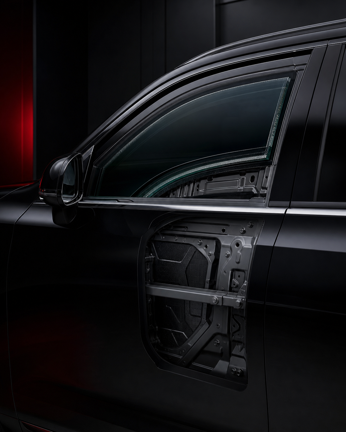 Detalhe técnico do vidro balístico e do reforço estrutural integrado à porta de um SUV